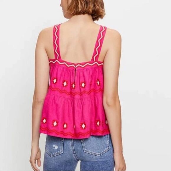 LOFT Embroidered Tiered Linen Blend Cami in Pink | Large - Picture 2 of 7